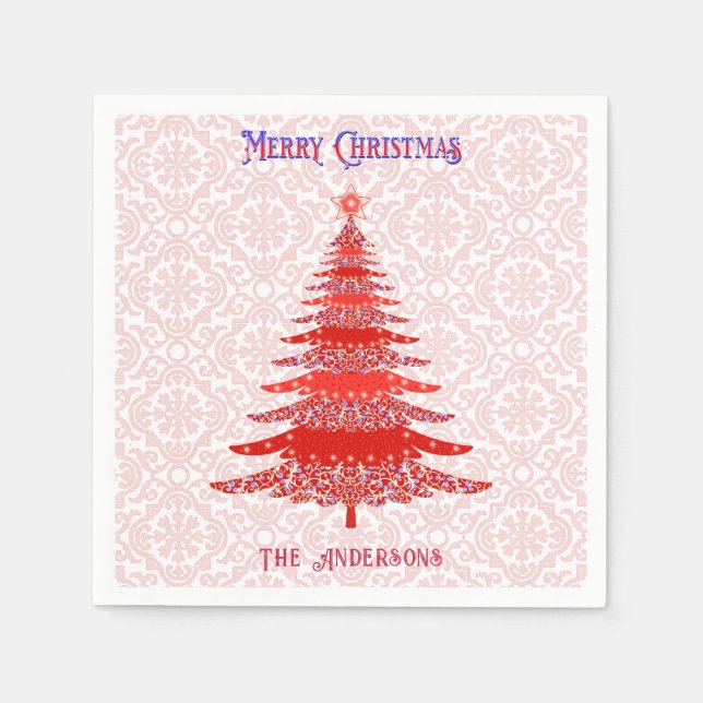 Modern Christmas Tree Red Personalized Snowflakes Napkin (Front)