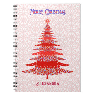 Modern Christmas Tree Red Personalized Snowflakes Notebook