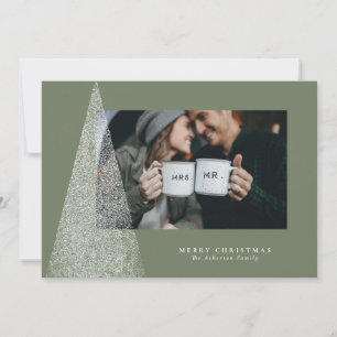 Modern Christmas tree sage green one photo Holiday Card