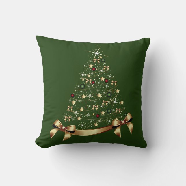 Modern Christmas Tree Stars Ornament Gold Bow Throw Pillow (Front)