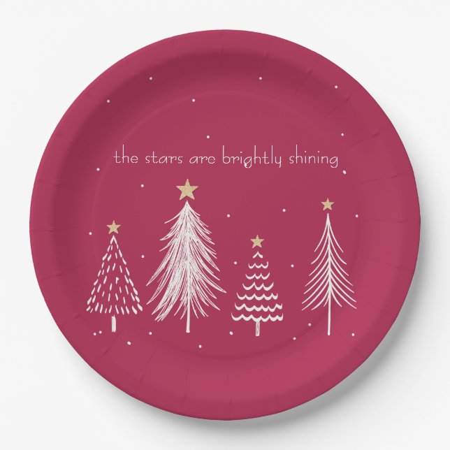 Modern Christmas Tree Stars - Red, White, Gold, Paper Plate (Front)