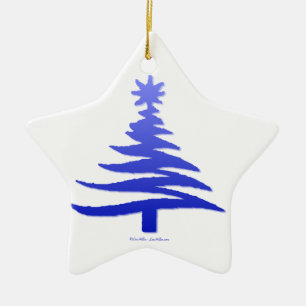 Modern Christmas Tree Stencil Print Blue Ceramic Ornament