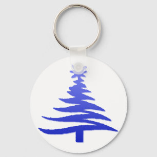 Modern Christmas Tree Stencil Print Blue Keychain