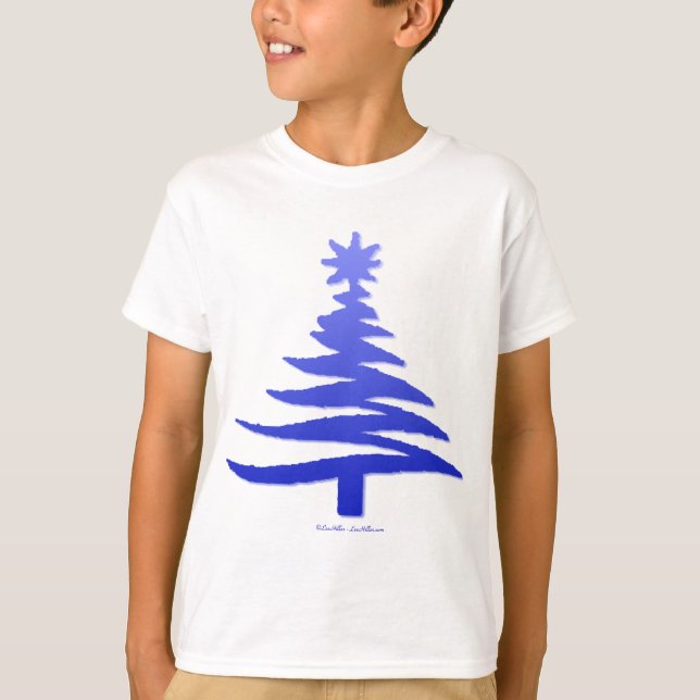 Modern Christmas Tree Stencil Print Blue T-Shirt (Front)
