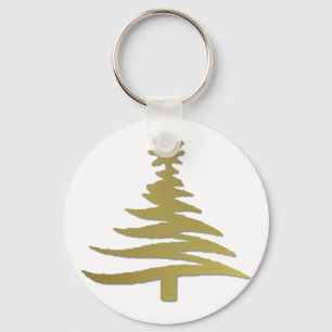 Modern Christmas Tree Stencil Print Gold Keychain