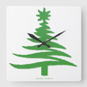 Modern Christmas Tree Stencil Print Green Square Wall Clock