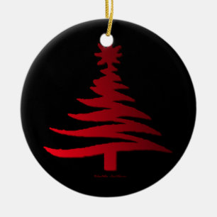 Modern Christmas Tree Stencil Print Red Ceramic Ornament