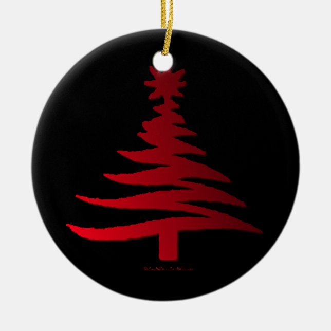 Modern Christmas Tree Stencil Print Red Ceramic Ornament (Front)