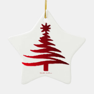 Modern Christmas Tree Stencil Print Red Ceramic Ornament
