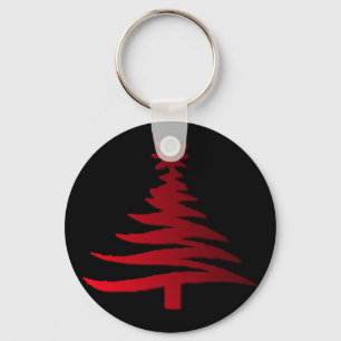 Modern Christmas Tree Stencil Print Red Keychain
