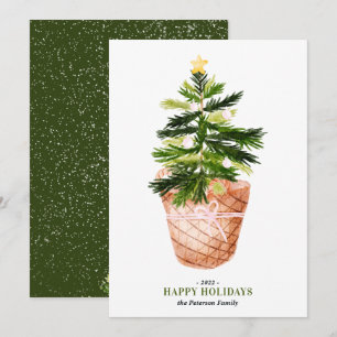 Modern Christmas tree watercolor bow illustration Card