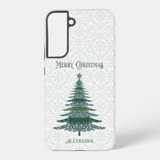 Modern Christmas Tree White Green Personalized Samsung Galaxy S22+ Case (Back)