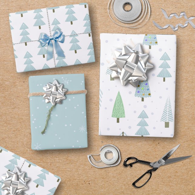 Modern Christmas Trees Blue Green Pattern Trio Wrapping Paper Sheet (Creator Uploaded)