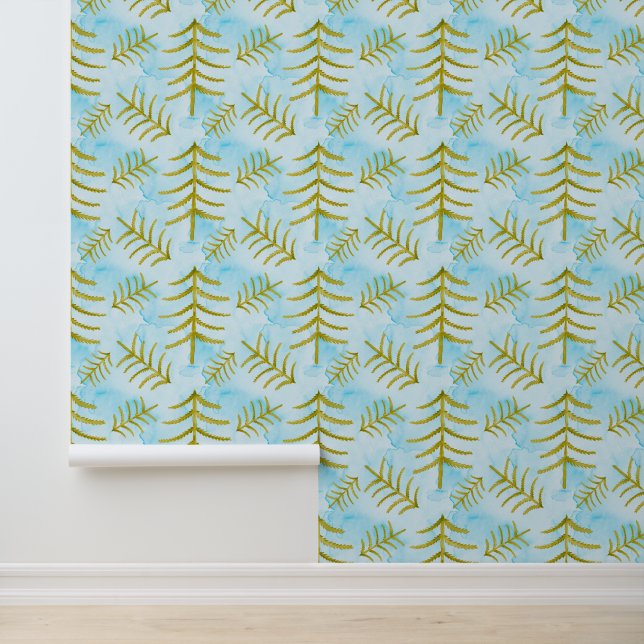 Modern Christmas Trees Blue Watercolor  Wallpaper (Application)