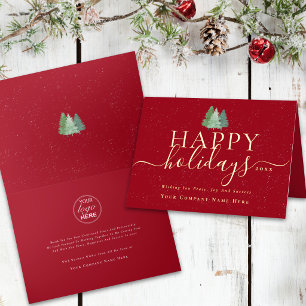 Modern Christmas Trees Business Logo Red Gold Foil Greeting Card