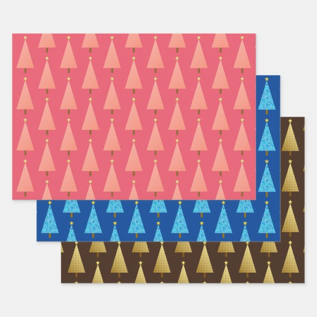 Modern Christmas Trees, Coral, Blue, Brown Wrappin Wrapping Paper Sheet (Set)