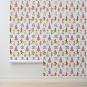 Modern Christmas Trees Green Pink Blue Wallpaper