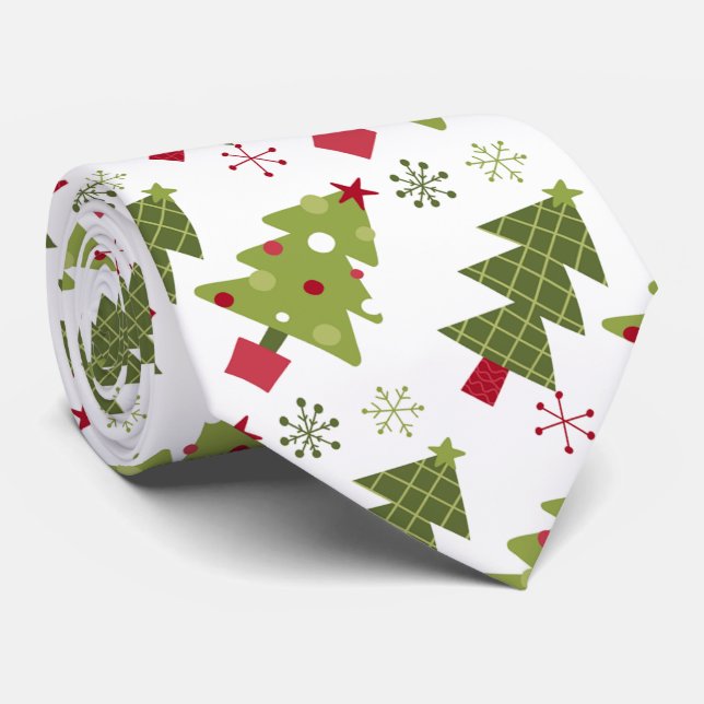 Modern Christmas Trees Green Red White Tie (Rolled)
