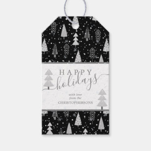 Modern Christmas Trees HAPPY HOLIDAYS Script Black Gift Tags