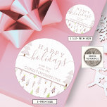 Modern Christmas Trees HAPPY HOLIDAYS Script Pink Classic Round Sticker<br><div class="desc">Modern abstract Christmas trees and forest trees and winter snow patterns in shades of pink, mauve and lime with the greeting HAPPY HOLIDAYS and personalized with your name or custom text. Contact the designer via Zazzle Chat or makeitaboutyoustore@gmail.com if you'd like this design modified, on another product or would like...</div>