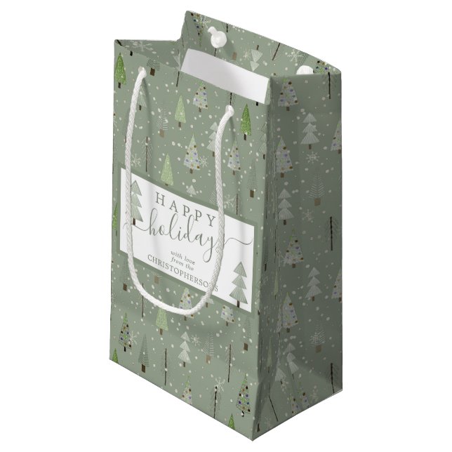 Modern Christmas Trees HAPPY HOLIDAYS Script Sage Small Gift Bag (Front Angled)
