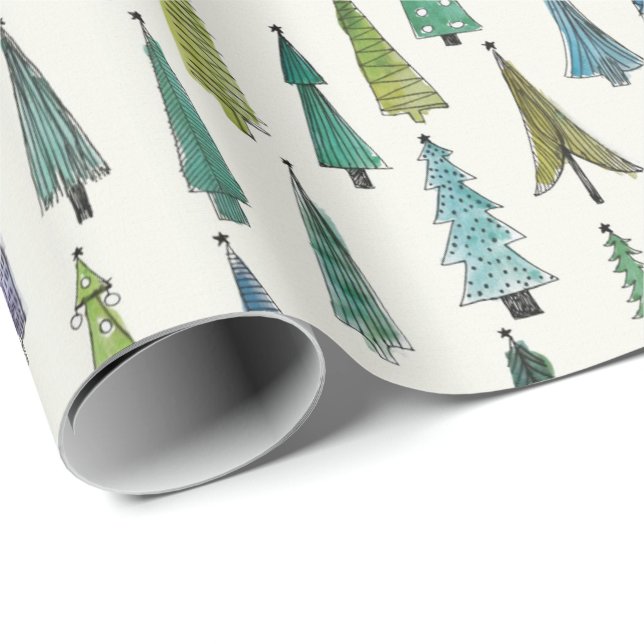 Modern Christmas Trees Illustrated Pattern Wrapping Paper (Roll Corner)