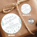 Modern Christmas Trees MERRY CHRISTMAS Script Blue Classic Round Sticker<br><div class="desc">Modern abstract Christmas trees and forest trees and winter snow patterns in shades of blue and green with the greeting MERRY CHRISTMAS and personalized with your name or custom text. ASSISTANCE: For help with design modification or personalization, transferring the design to another product or if you would like coordinating items,...</div>