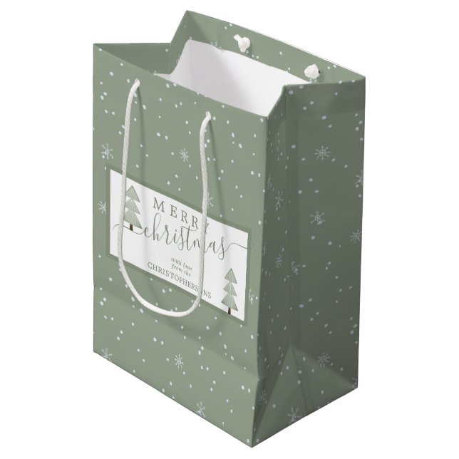 Modern Christmas Trees MERRY CHRISTMAS Script Medium Gift Bag (Front Angled)