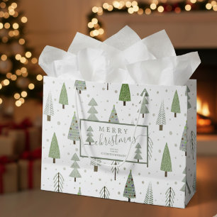 Modern Christmas Trees MERRY CHRISTMAS Script Sage Large Gift Bag