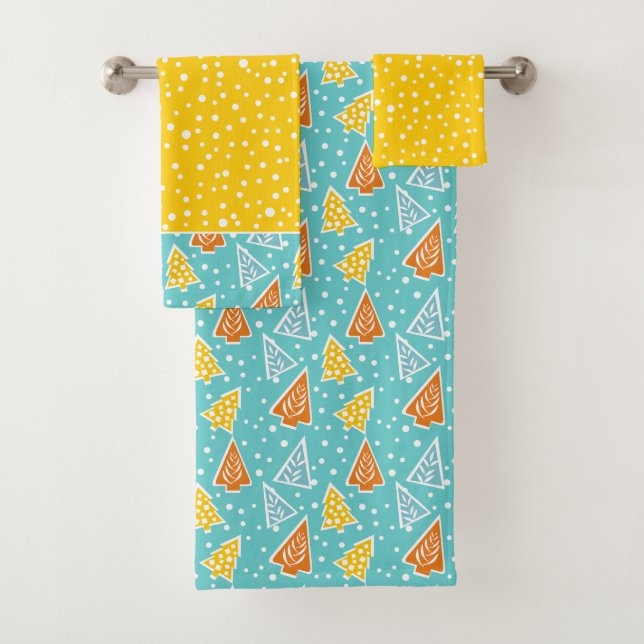 Modern Christmas trees, polka dots aqua Bath Towel Set (Insitu)