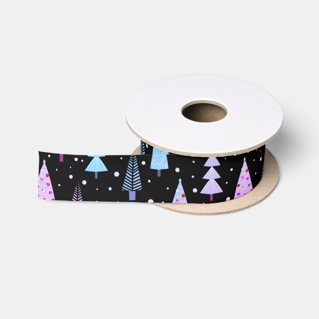 Modern Christmas Trees Purple Pink Black Pattern Satin Ribbon (Spool)