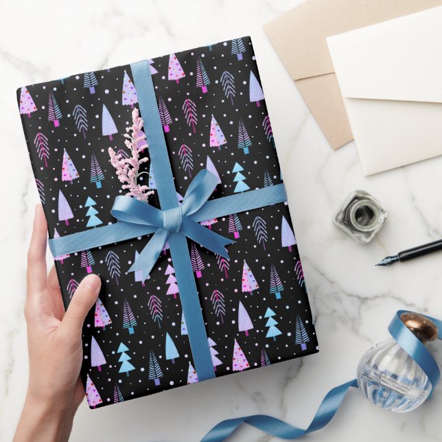 Modern Christmas Trees Purple Pink Black Wrapping Paper (Gifting)