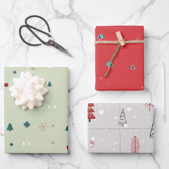 Modern Christmas Trees Red Olive Green Pattern Wrapping Paper Sheet (Front)