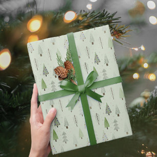 Modern Christmas Trees Sage Green Pattern Wrapping Paper