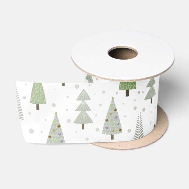 Modern Christmas Trees Sage Olive Green White Satin Ribbon (Spool)
