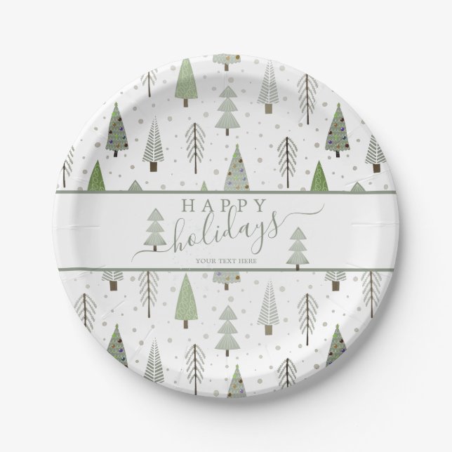 Modern Christmas Trees Script HAPPY HOLIDAYS Green Paper Plate (Front)