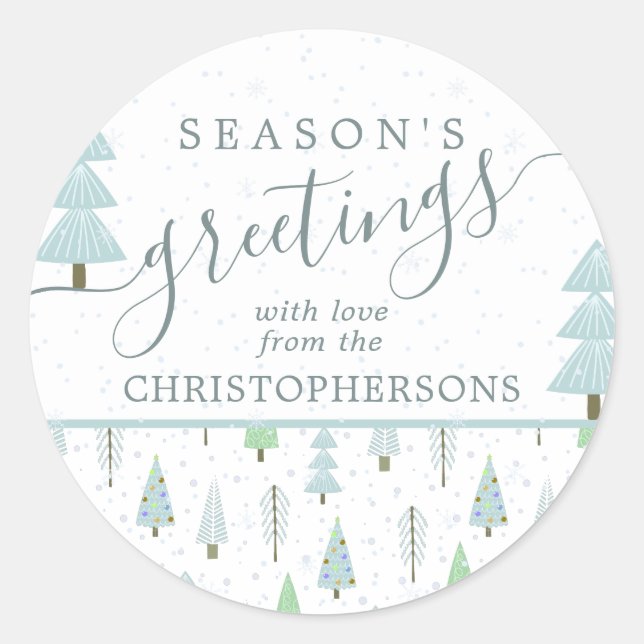 Modern Christmas Trees SEASONS GREETINGS Blue Classic Round Sticker (Front)