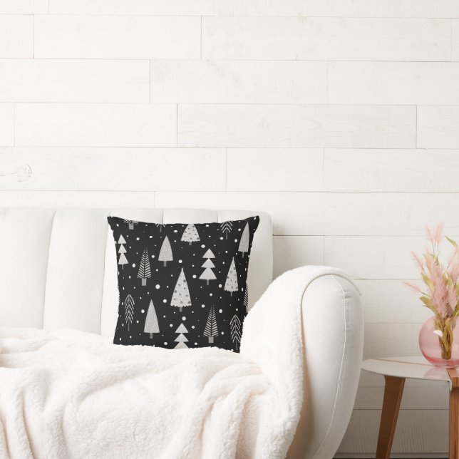 Modern Christmas Trees Silver Grey Black Pattern Throw Pillow (Couch)