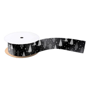 Modern Christmas Trees Silver Grey Black Satin Ribbon