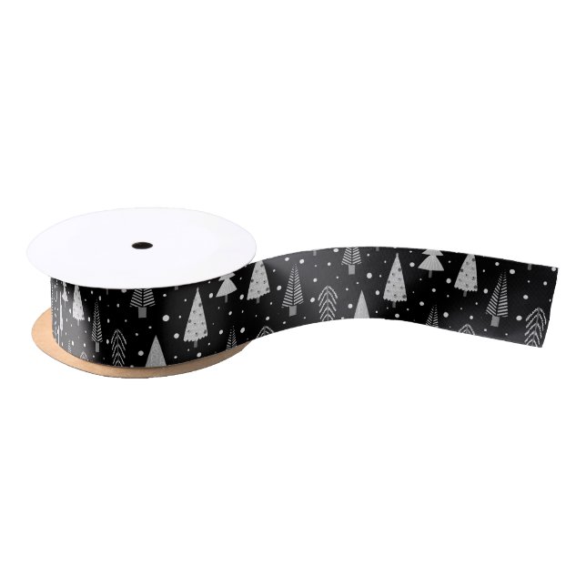 Modern Christmas Trees Silver Grey Black Satin Ribbon (Spool)