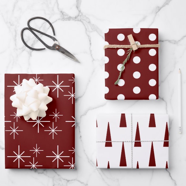 Modern Christmas Trees Simple Snowflakes Red  Wrapping Paper Sheet (Front)