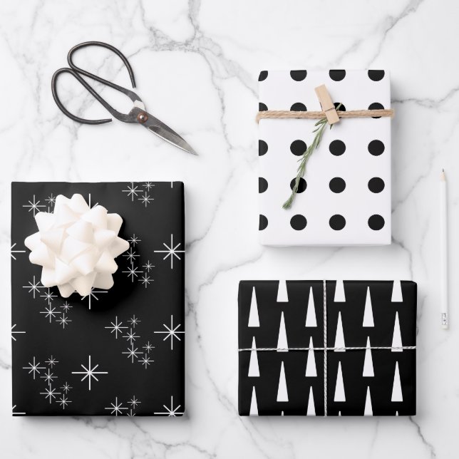 Modern Christmas Trees Snowflakes Black White  Wrapping Paper Sheet (Front)