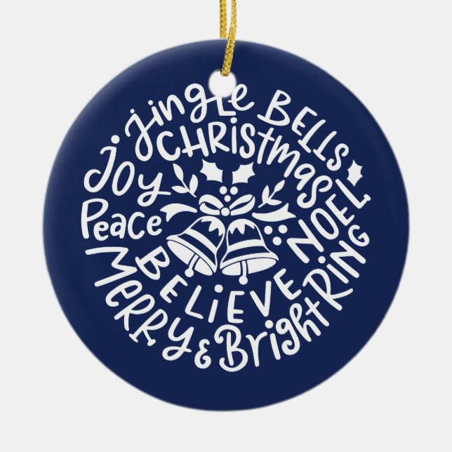 Modern Christmas Typography Jingle Bells blue Ceramic Ornament (Front)