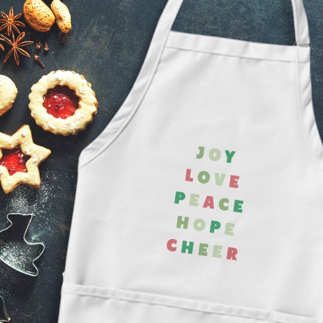 Modern Christmas Typography Joy Love Peace Hope Standard Apron (modern, bold, Christmas sayings baking apron in red and green)