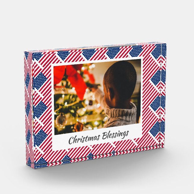 Modern Christmas USA FLAG Customized Keepsake Photo Block (Left)