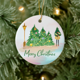 Modern Christmas Watercolor Green Trees Ceramic Ornament