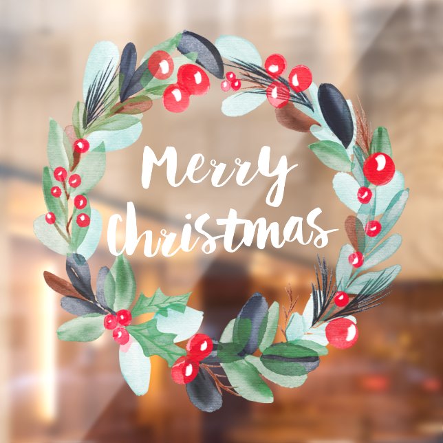 Modern Christmas watercolor wreath script Window Cling (Sheet 2)