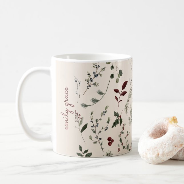 Modern Christmas Wildflower Name Monogram Pattern Coffee Mug (With Donut)