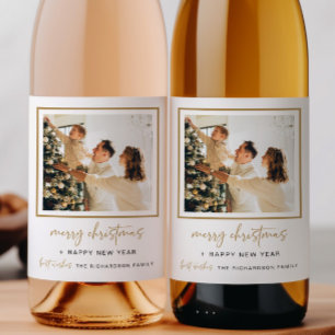 Modern Christmas Wine Bottle Label Photo Gift Gold