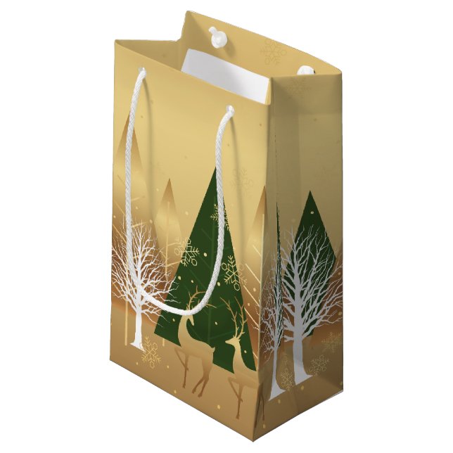 Modern Christmas Winter Deer Scene Gold Green Small Gift Bag (Front Angled)